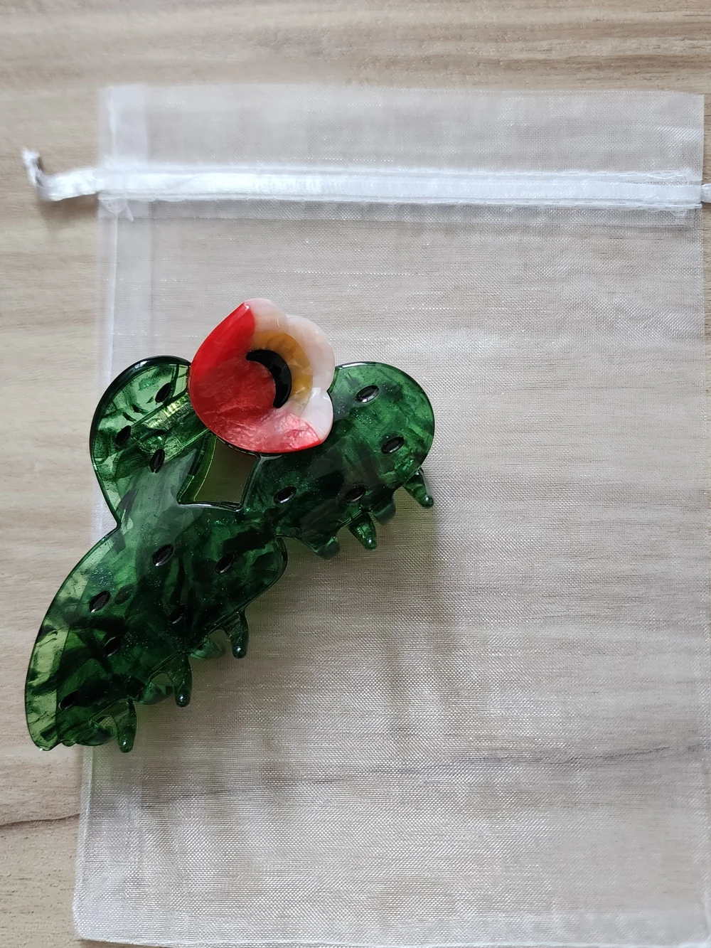 Green Cactus Hair Claw Clip with Red Pink Flower Hair Accessory